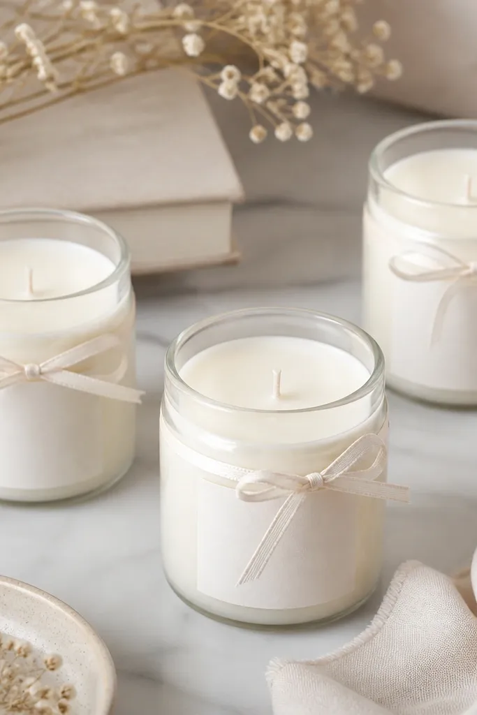 Small clear glass jars filled with white soy wax, each with a minimalist label and a thin ribbon; wicks are centered and wax surfaces are smooth and level.