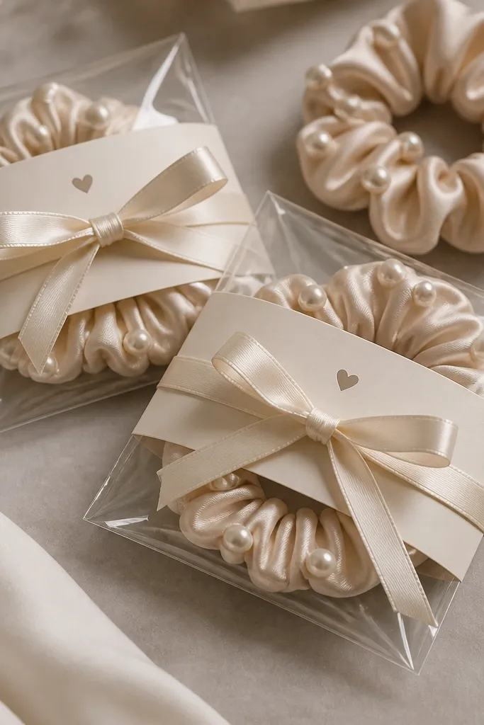 Small clear plastic sleeves containing pearl-studded hair ties wrapped with satin; each sleeve has a thick cream label with a tiny heart icon and a ribbon bow.