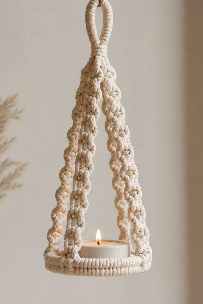 A macramé candle holder made with thick natural cotton cord, hanging in a loop above a small candle; the knots are consistent and the bottom ring is straight.