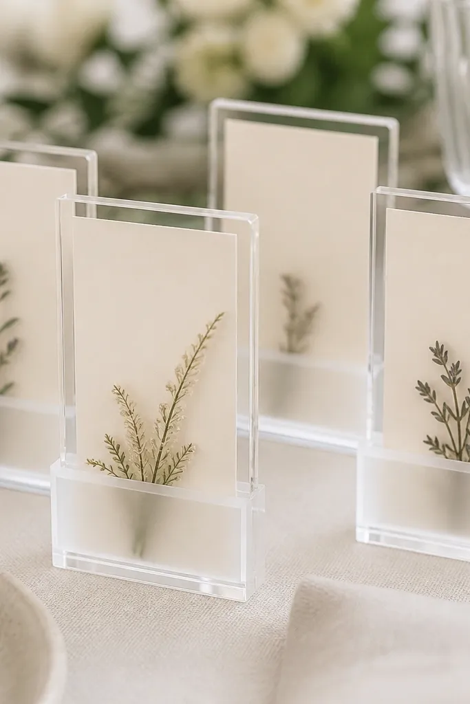 Clear acrylic place card stands with a frosted ribbon base; each stand holds an ivory place card with black text and a small dried herb accent tucked at the bottom.