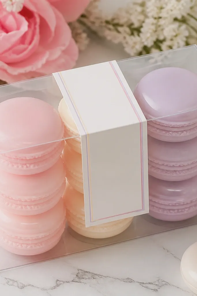 Small pastel macaron-shaped soaps stacked in a clear box; each soap has a glossy finish and the box has a thin label strip with a matching color border.
