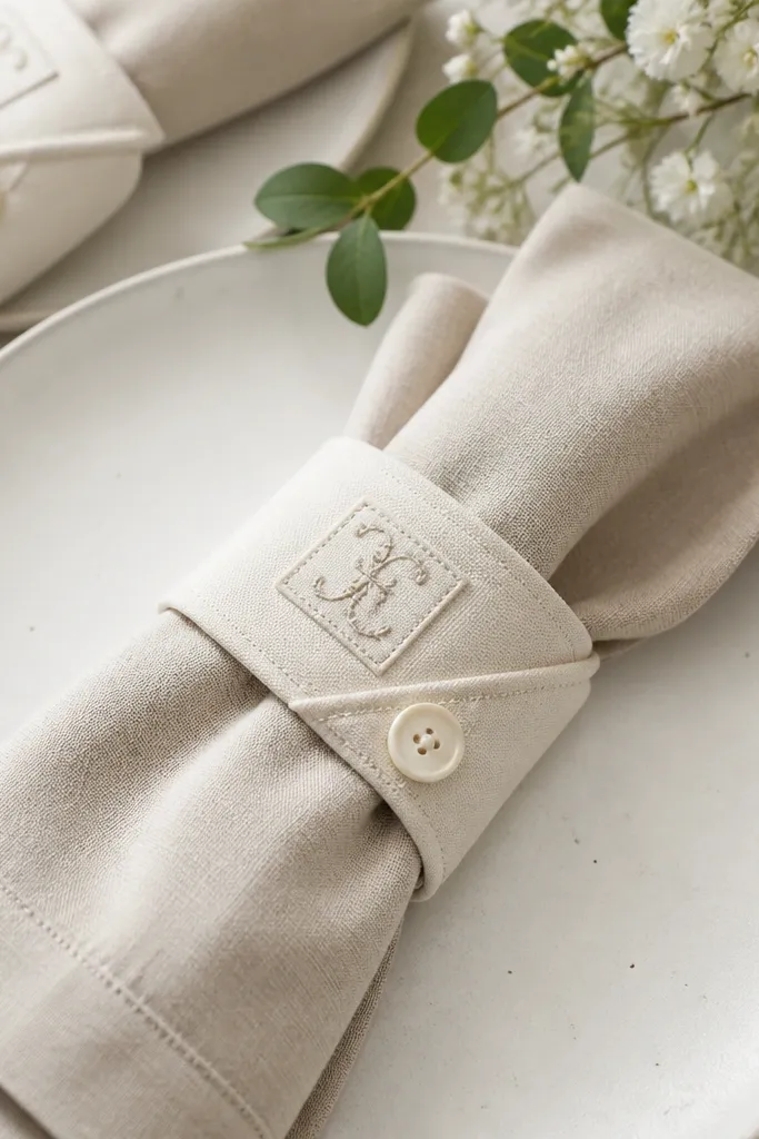 Fabric napkin rings made from folded cream cotton with a small stitched monogram patch; each ring closes with a tiny button and sits neatly on a folded linen napkin.