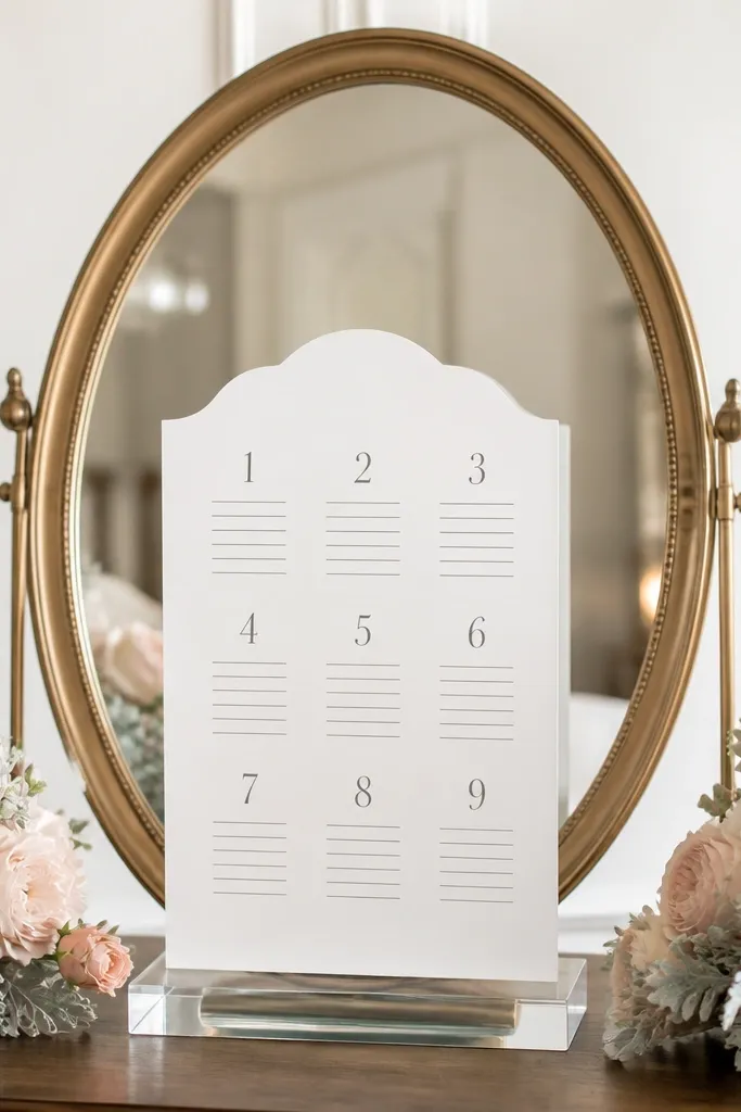 An oval warm-gold framed mirror leaning on a stand. Two symmetrical side clusters of blush garden roses and dusty miller sit at the left and right edges. In the center, a white acrylic seating chart holder displays table numbers in dark ink.