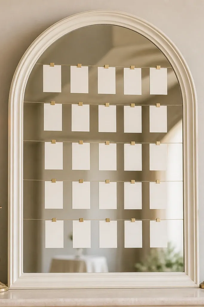An arched mirror in an ivory frame. Two candleholders flank the mirror, and a grid of place cards hangs on a thin wire in front of the glass.
