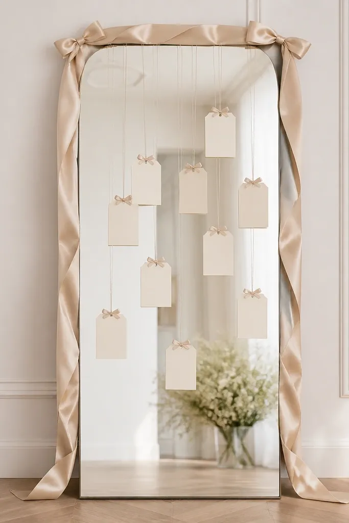 A tall mirror with a champagne satin ribbon wrapped around the frame. From the top, thin strings hang small table tags like ornaments, all centered in front of the mirror.