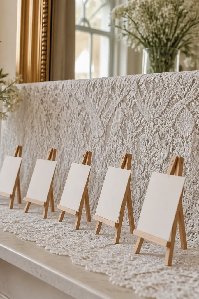 A tall white lace runner is draped over the lower half of a mirror. Mini easels with table numbers line up in front, and the mirror reflects the lace texture.