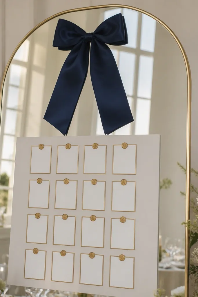 A tall mirror with a navy satin bow pinned at the center top. A gold table number grid sits below on a white board attached in front of the mirror.