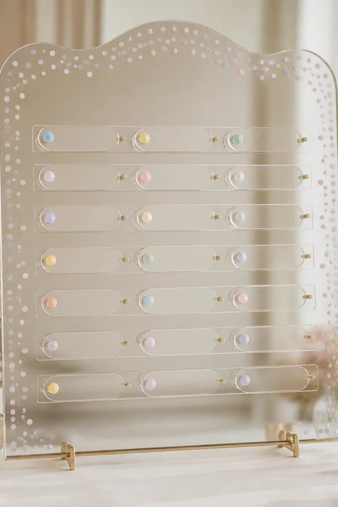 A clear mirror stand with pastel confetti-like dots around the edges. In front, acrylic name sliders on small rails list guest names by table.