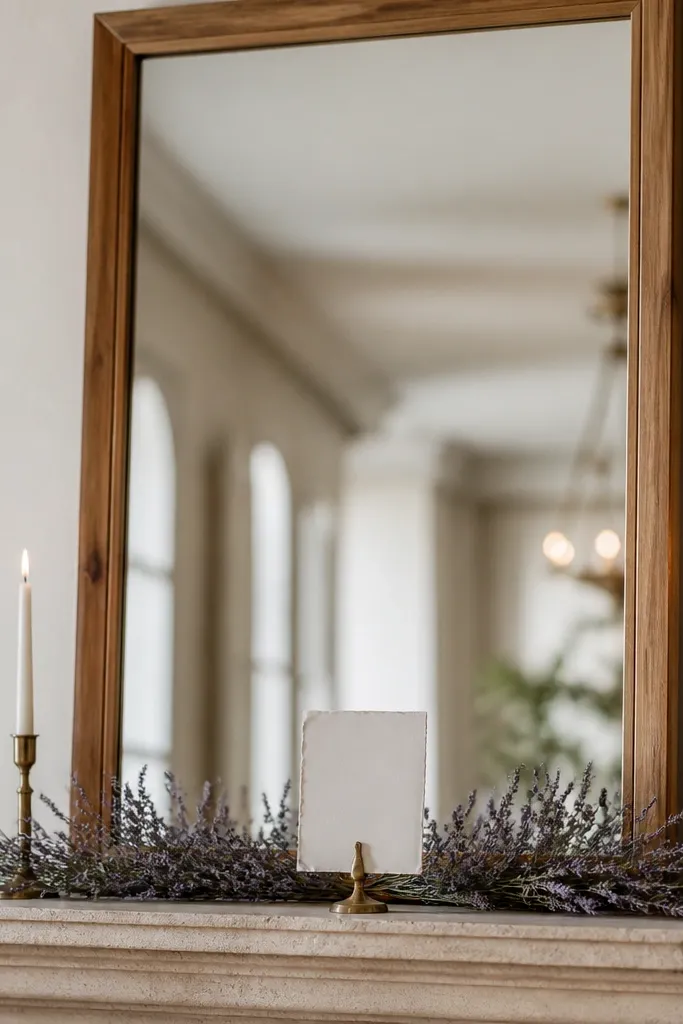 A tall mirror with a simple wooden frame. Dried lavender sprigs are tucked along the bottom edge, and two taper candles stand on each side. A small seating chart card holder sits centered.