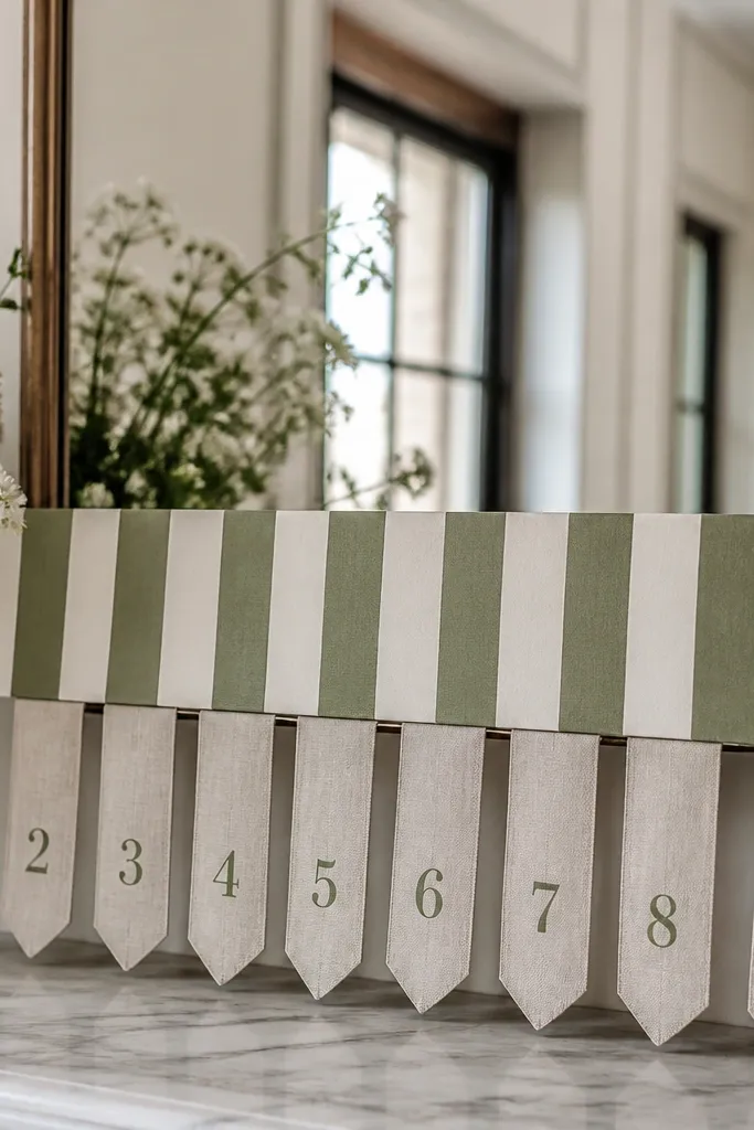 A rectangular mirror with a green-and-white striped sign panel in front. Linen fabric tabs hang down from the stripe banner, each tab labeled with table numbers.