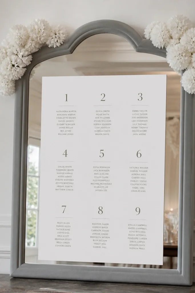 A soft gray framed mirror with two white pom-puff floral clusters at the top corners. A minimal seating chart sign sits centered with large table numbers.