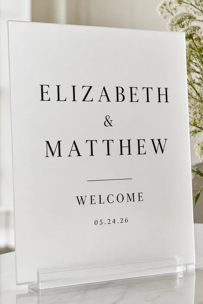 A white-frosted acrylic welcome sign with large matte black serif text reading the couple's names and "Welcome" centered, with small date text in a matching black below. The edges look laser-clean and the sign is held in a slim clear acrylic stand.