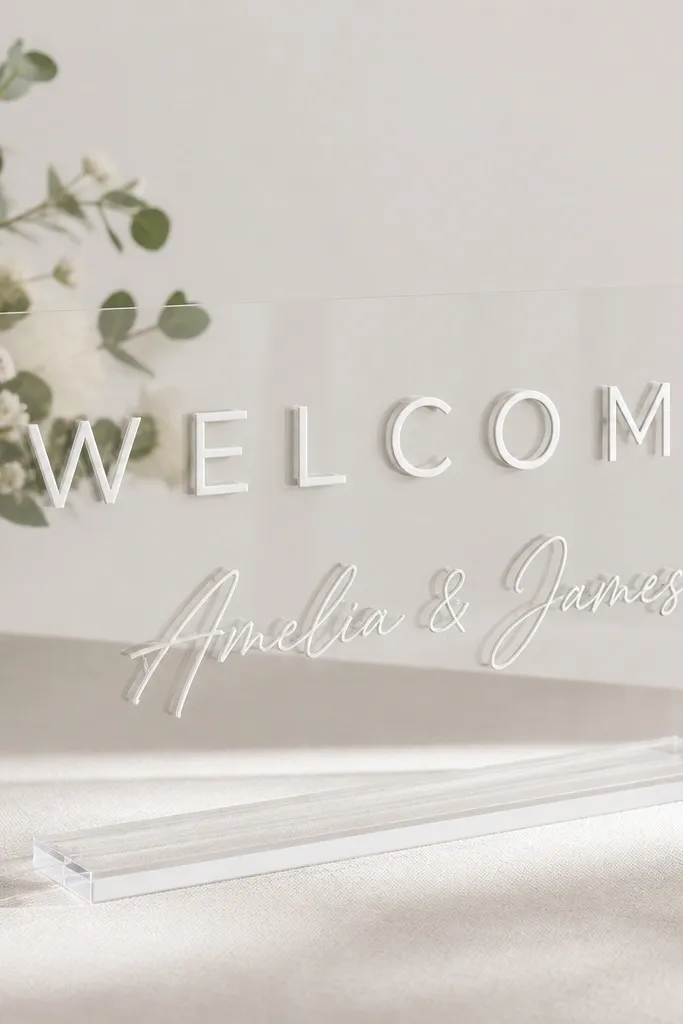 Individual acrylic letters spelling "WELCOME" with the couple's names beneath, all in clear acrylic with a subtle shadow effect created by vinyl on the back. The sign is minimal with a clear acrylic stand.