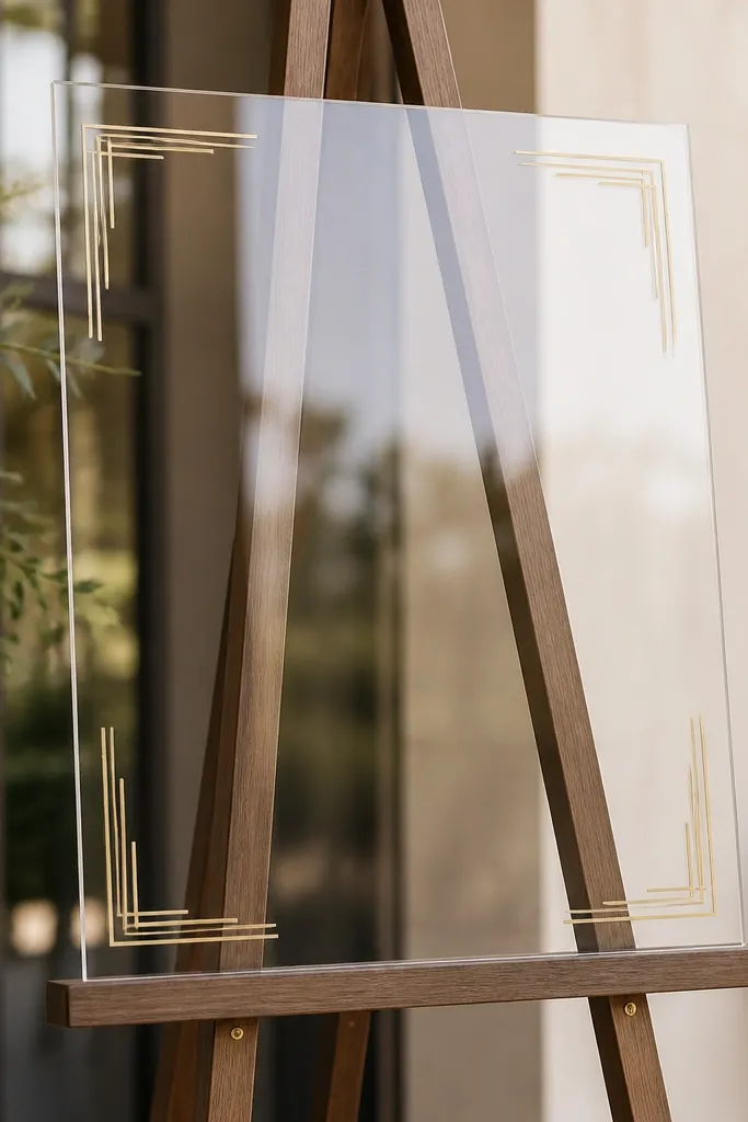 A clear acrylic welcome sign with matte black vinyl text. A minimal gold corner frame sits near the edges, leaving the center open and clean.