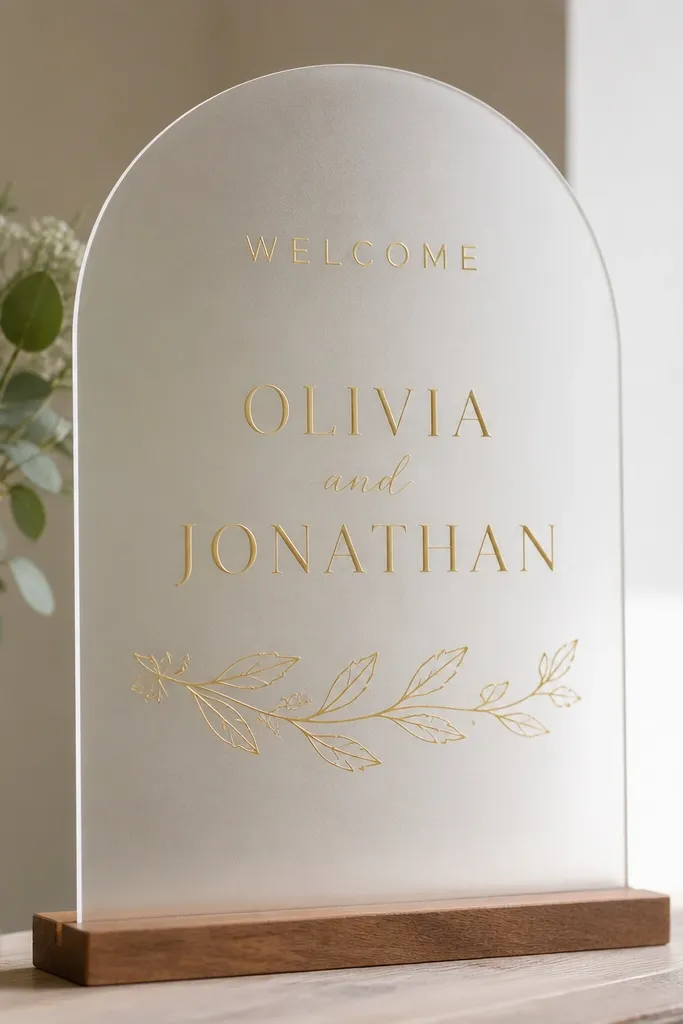 Frosted acrylic sign with gold foil-style vinyl lettering. A single minimalist sprig line drawing runs under the names, with "Welcome" at the top.