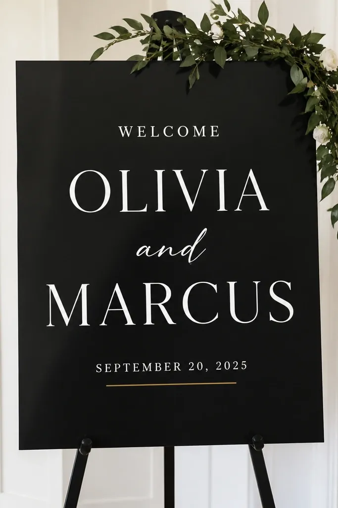A black acrylic welcome sign with crisp white vinyl. The couple's names are large, "Welcome" sits above in smaller white, and the date line has a thin gold underline.