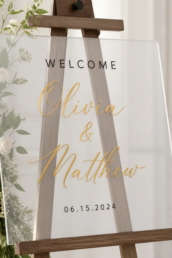 Clear acrylic sign with "Welcome" in matte black sans-serif. The couple's names are in a flowing script in brushed gold, with the date in small black sans-serif underneath.