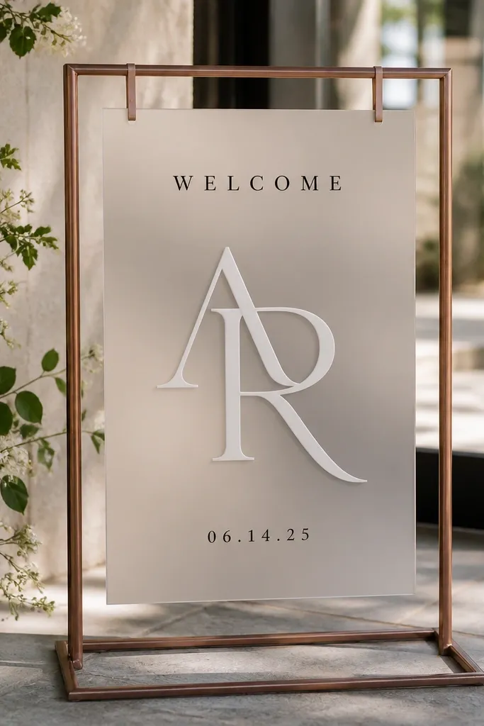 Frosted acrylic sign featuring a large centered monogram made from two letters intertwined. "Welcome" sits above in black, with the date in small text below.