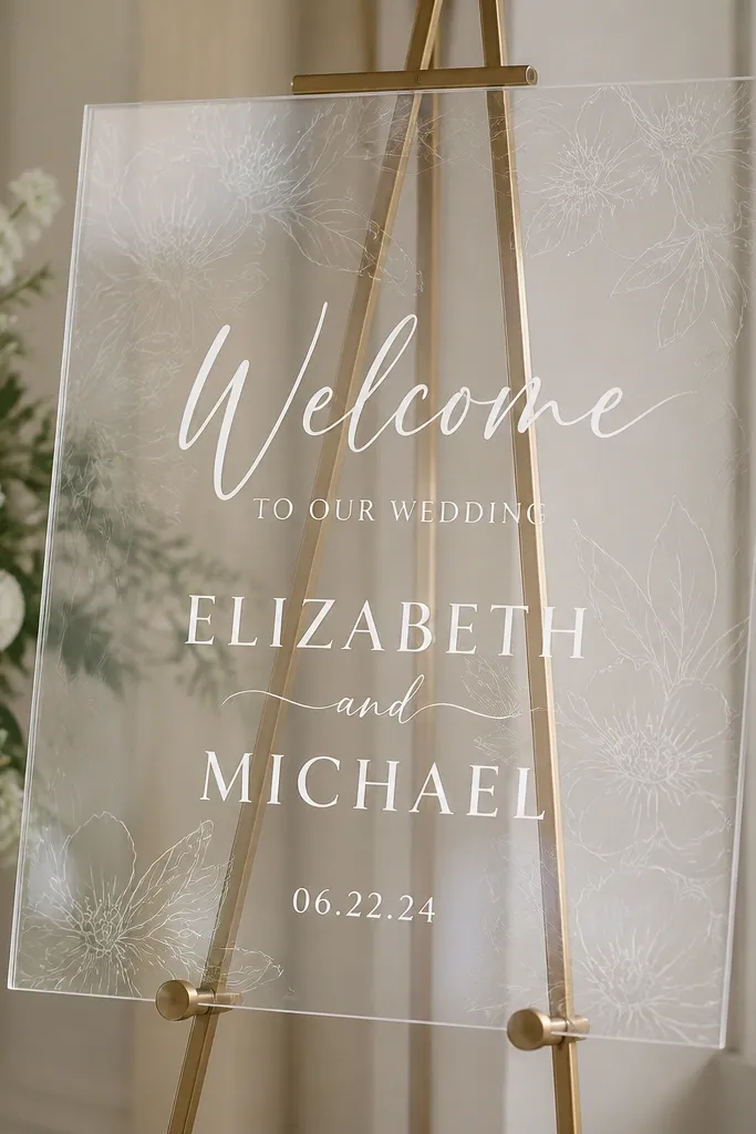 A clear acrylic sign with a faint etched-look pattern in the background. White vinyl text reads "Welcome" and the couple's names, with date at the bottom.