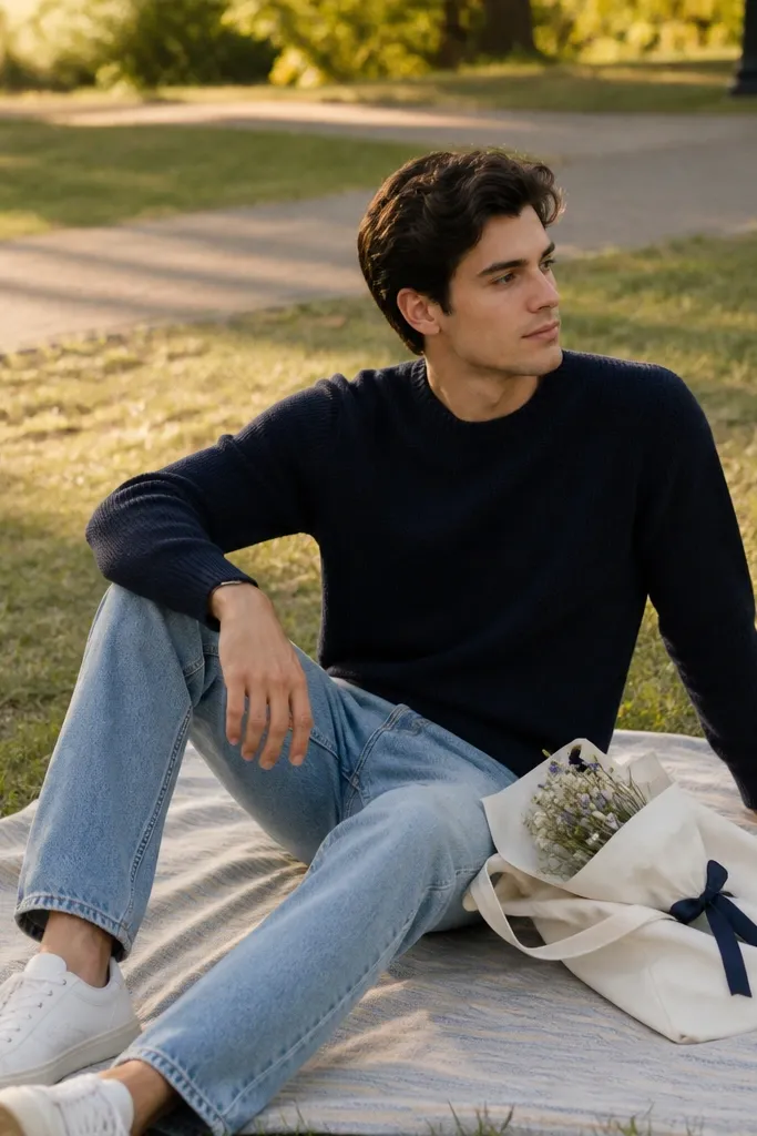 A man in a navy crewneck knit sweater and light blue jeans sits on a picnic blanket over grass. He has clean white low-top sneakers visible. A white tote bag holds a small bouquet wrapped in white paper and tied with navy ribbon. In the background, there's a simple park path with soft late-afternoon light; the blanket edges are neatly tucked.