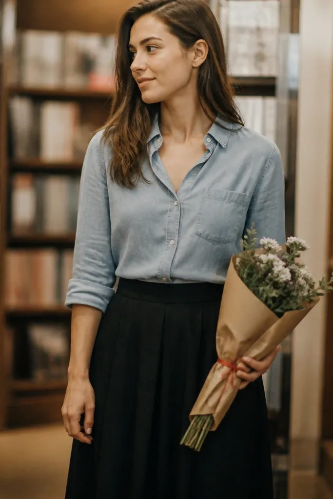 A woman stands in a bookstore aisle wearing a light chambray button-down with sleeves rolled to mid-forearm. She pairs it with a high-waisted black midi skirt. Her hair is tucked behind one ear, and she holds a small bouquet wrapped in brown craft paper tied with red string. Behind her, bookshelves blur into soft background tones.