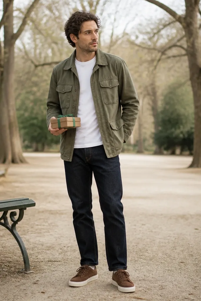A man wears an olive utility jacket over a plain white T-shirt and straight-leg dark jeans. He's standing near a park bench with an olive-green ribbon on a small gift box. His shoes are brown suede sneakers. The background is muted trees, with a clear open space behind him for the photo.