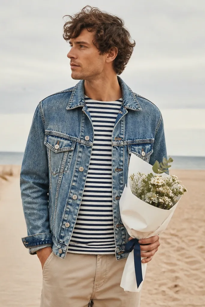 A man wears a faded blue denim jacket over a navy-and-white striped T-shirt and beige chinos. He's holding a small bouquet wrapped in white paper with a navy ribbon. The scene is a beach path with sand and a low horizon. The outfit looks sun-washed and relaxed, and the background stays simple.