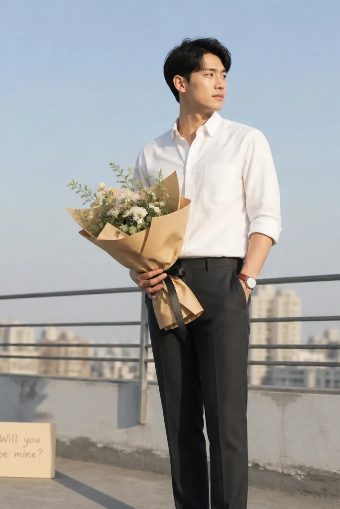 A man stands on a rooftop near a simple railing, wearing a white button-down with sleeves rolled to the forearm. He has dark trousers and a brown leather watch. A small sign on cardstock sits on the ground with neat handwriting. The bouquet is wrapped in kraft paper with a thin black ribbon. The sky is clear, and the background is mostly sky and distant buildings.