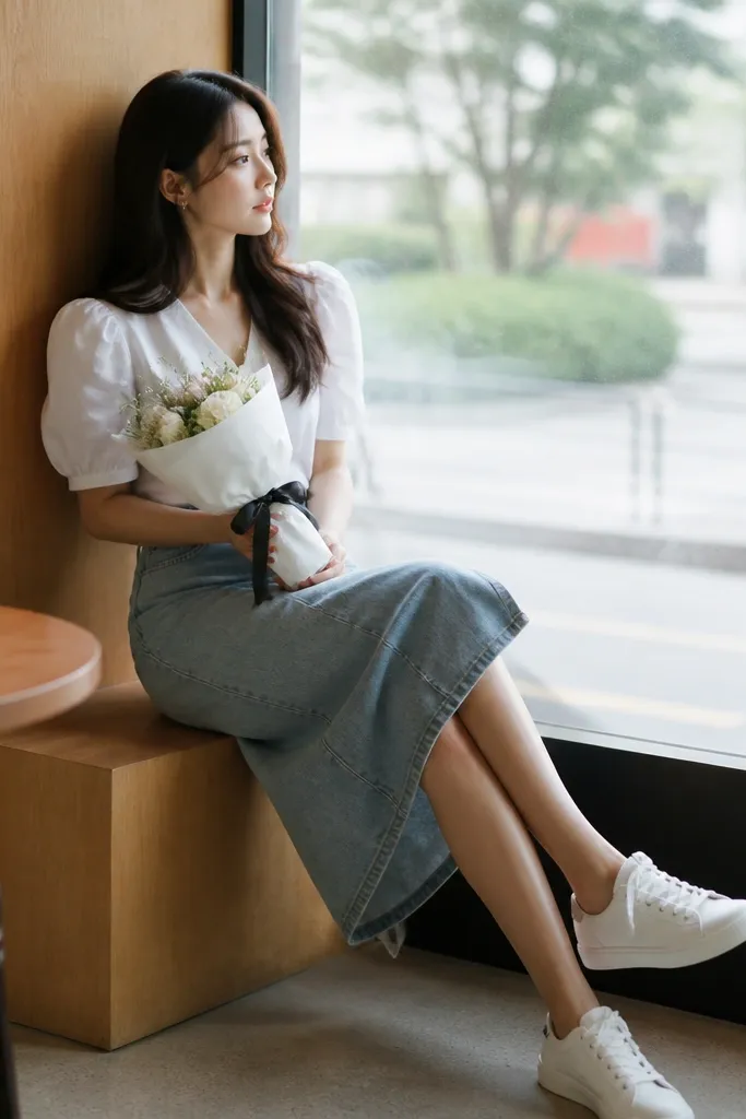 A woman sits near a coffee shop window wearing a light denim skirt and a white blouse with a slight puff sleeve. She holds a small bouquet wrapped in white paper and tied with black ribbon. Her shoes are clean white sneakers. Through the window, the street is blurred with soft daylight.