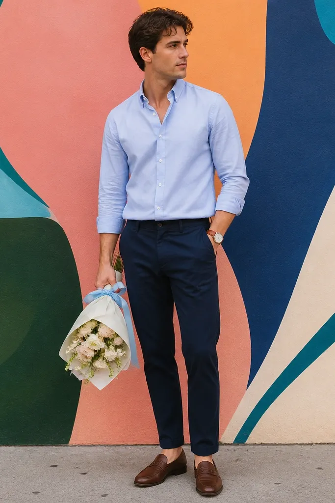 A man stands in front of a colorful street mural wearing a light blue Oxford shirt and dark navy chinos. The shirt is buttoned but the top button is undone. He has a simple tan watch and brown leather loafers. A small bouquet is wrapped in white paper with a light blue ribbon. The mural colors are bold but the outfit stays calm.