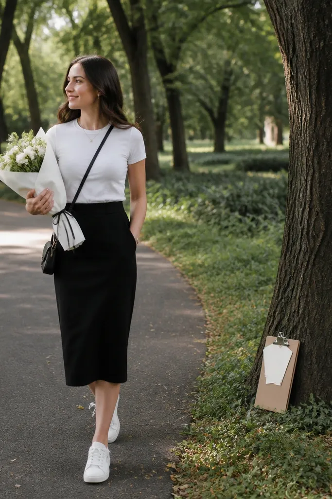 A woman walks on a park path wearing a fitted white T-shirt and a black midi skirt that falls straight. She wears white sneakers and a small crossbody bag. A series of small note cards is tucked into a simple clipboard near a tree. The bouquet is wrapped in white paper with a thin black ribbon.