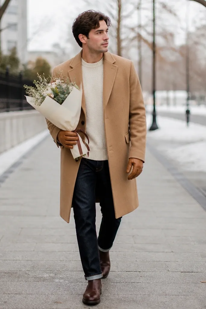 A person walks on a winter sidewalk wearing a camel overcoat over a cream sweater. They carry a small bouquet wrapped in cream paper tied with brown ribbon. Their gloves are tan leather, and they wear dark jeans and brown boots. The background shows a snowy edge or bare trees, with soft daylight.