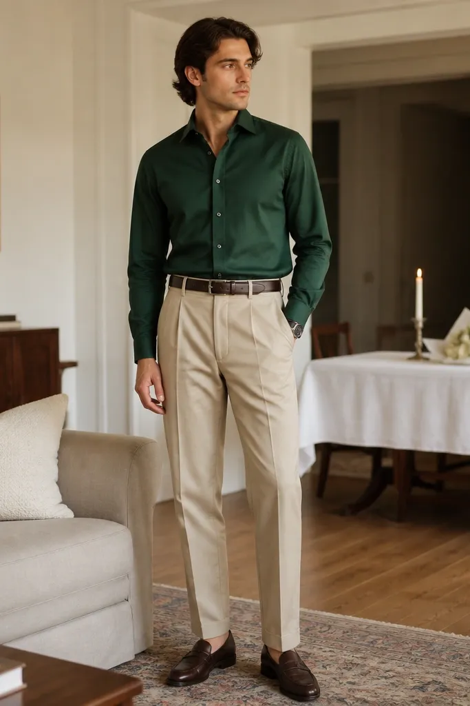 A man stands in a living room wearing a forest green dress shirt and beige trousers. The shirt is tucked neatly and the collar looks crisp. He wears a simple watch and brown leather loafers. On a dining table behind him, there's a white tablecloth, a single candle, and a small bouquet wrapped in white paper with forest green ribbon.