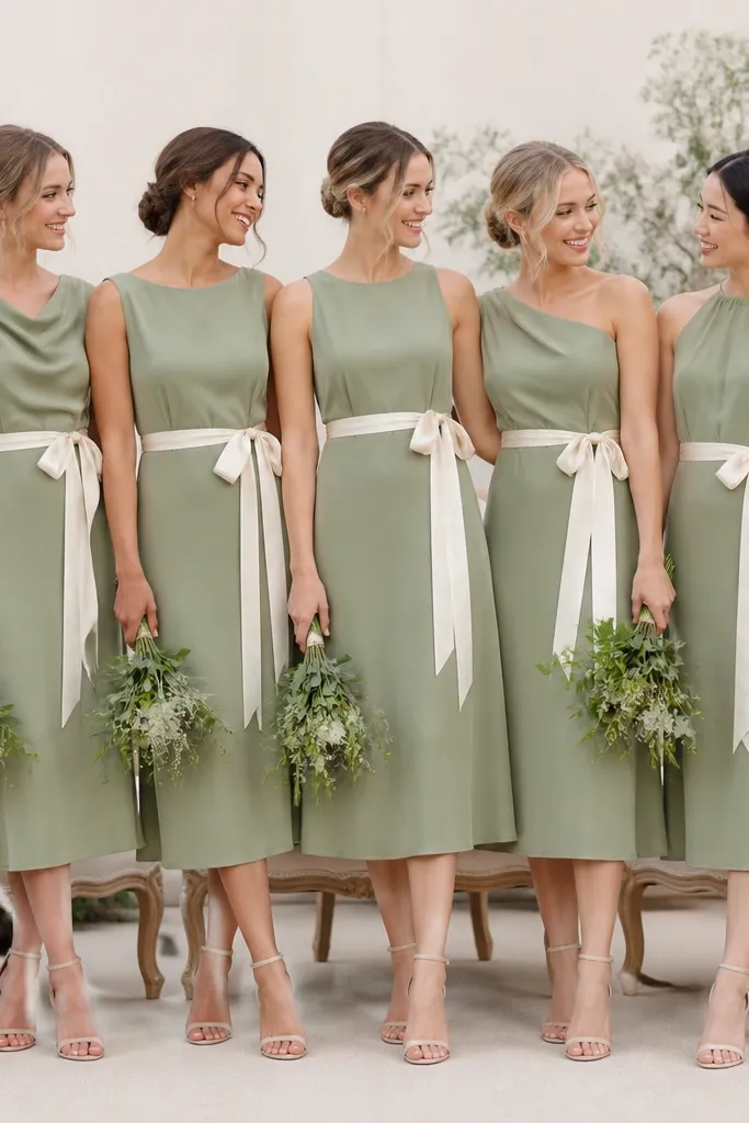 A lineup of bridesmaids in sage green crepe knee-to-midi dresses, each with a waist ribbon in soft ivory satin tied in a neat bow; the background shows cream upholstered chairs and low greenery.