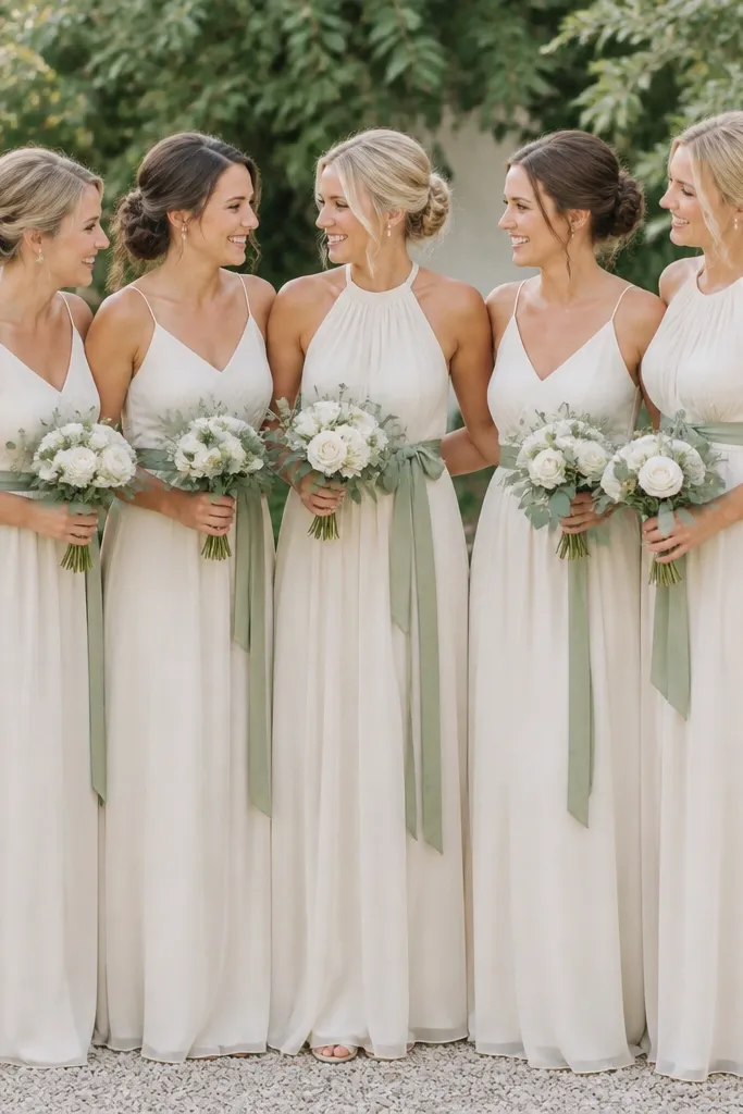 Bridesmaids in flowy cream chiffon dresses with matching sage green sashes tied at the waist; they hold small cream bouquets with eucalyptus.