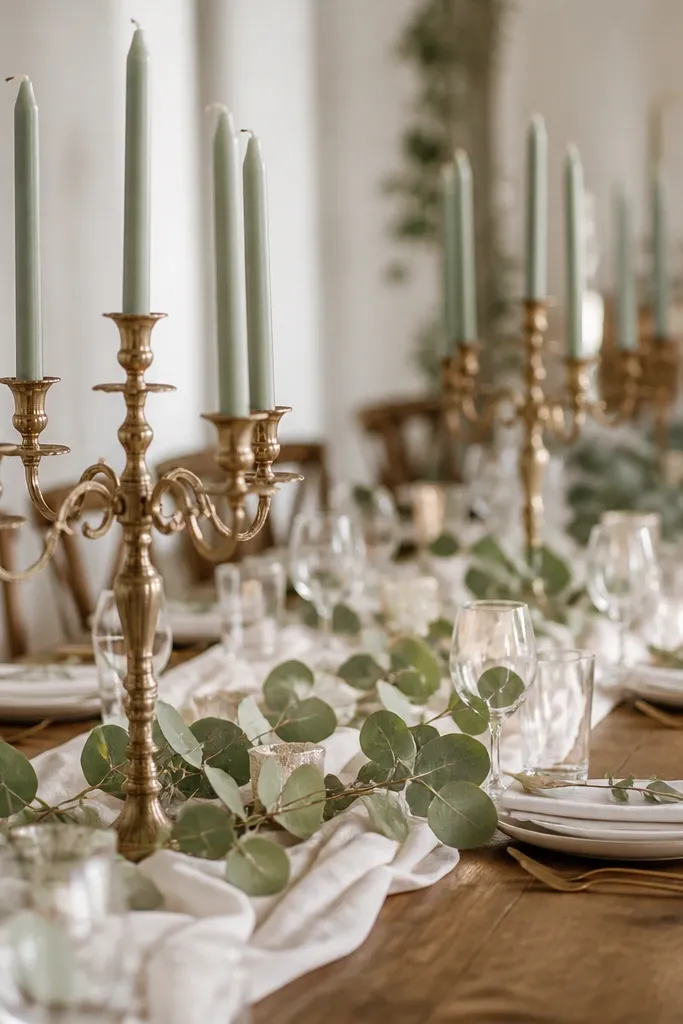 A long reception table with antique brass candelabras holding sage green taper candles, alongside cream table runners and eucalyptus sprigs.