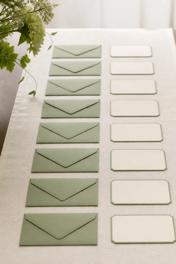 Place cards on a cream table runner where each card is a small rounded rectangle in cream with a sage green border; matching sage envelopes sit in a neat row.