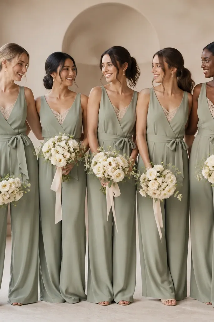 Bridesmaids wearing sage green wide-leg jumpsuits layered over cream lace camis, with cream bouquets and sage bow details at the waist.