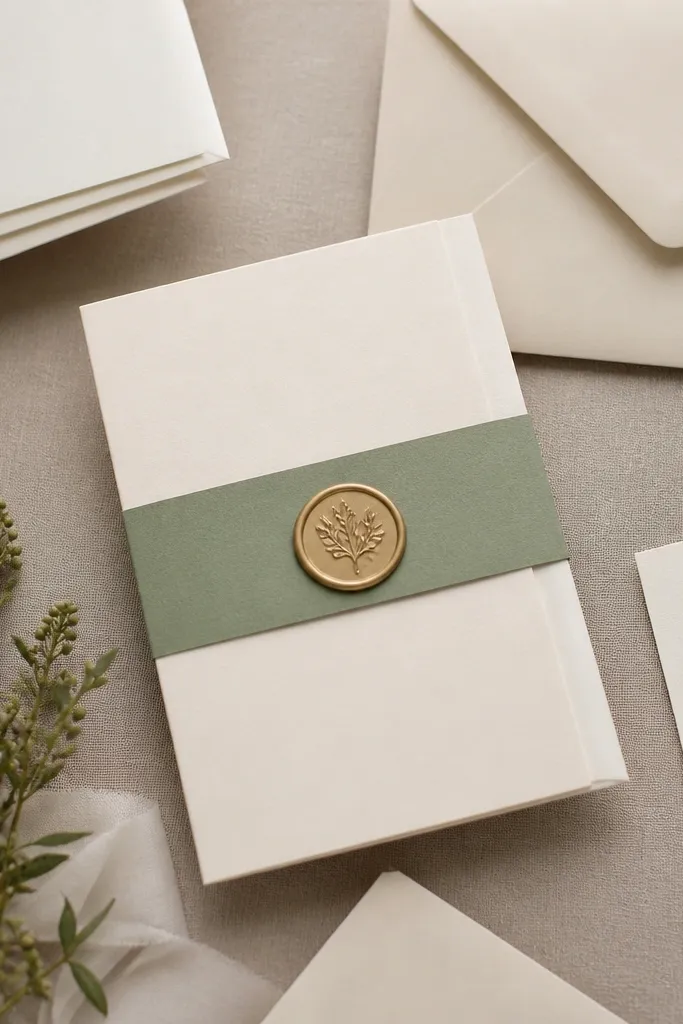 An invitation suite on cream cardstock with a sage green band, a small circular wax seal-style sticker in antique gold, and matching cream envelopes.
