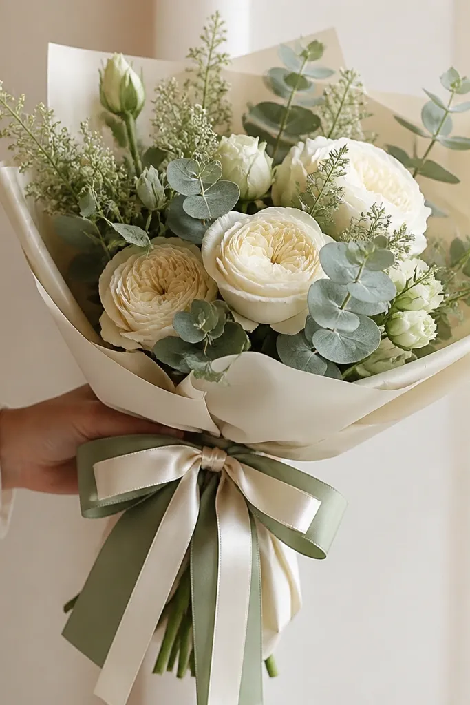 A hand-tied bridal bouquet wrapped in cream paper with two ribbon layers: a wide sage ribbon and a narrower cream satin ribbon over it; eucalyptus and cream roses are visible.