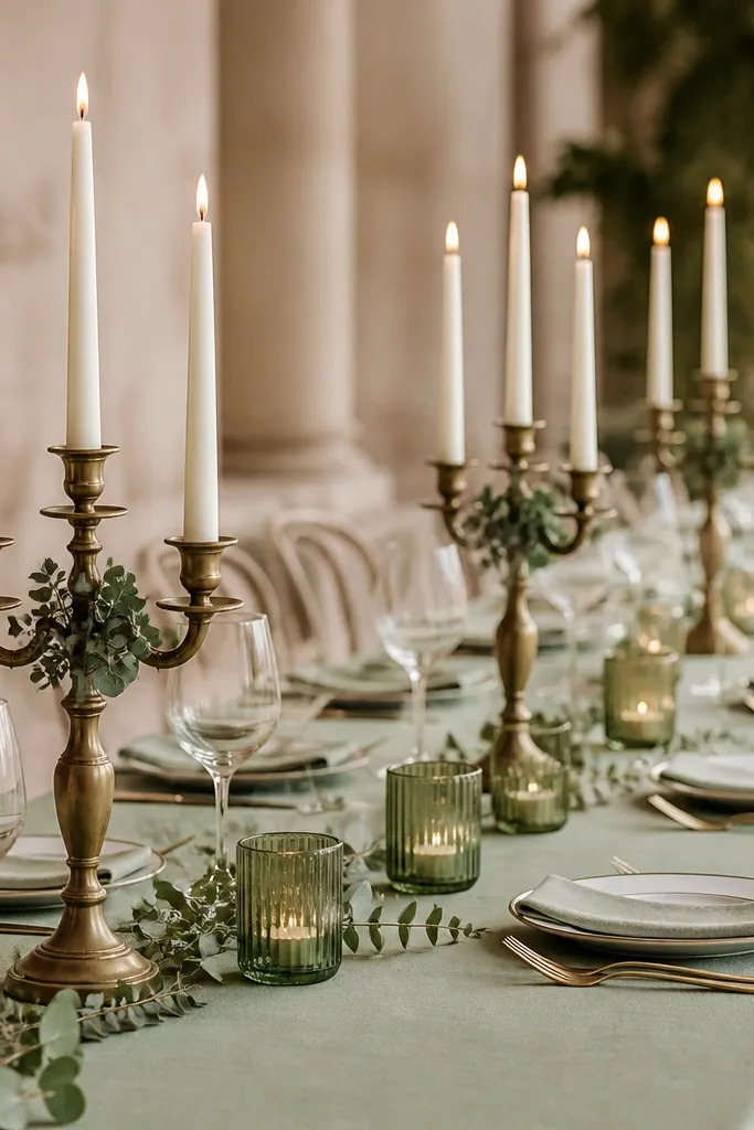 A long reception table with sage linen and a row of antique champagne-gold candelabra. Each candle cluster has three ivory tapers and one sage glass votive, with small eucalyptus sprigs tucked at the base.