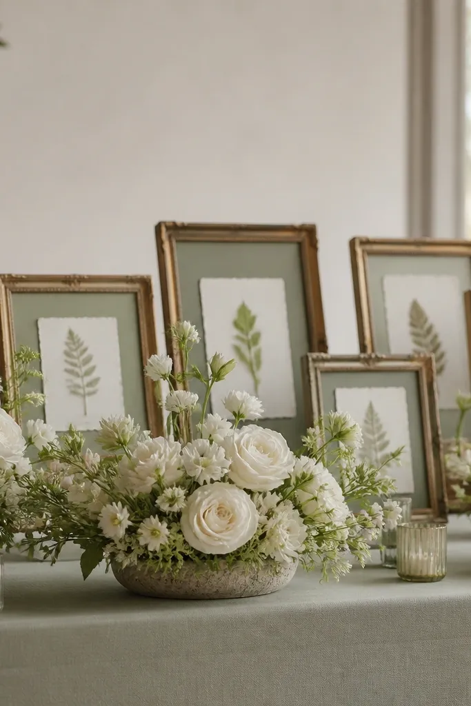 A reception table dressed in gray-sage linen. White roses and small green buds sit in low arrangements, and behind them are antique gold picture frames holding sage and white pressed-leaf cards.