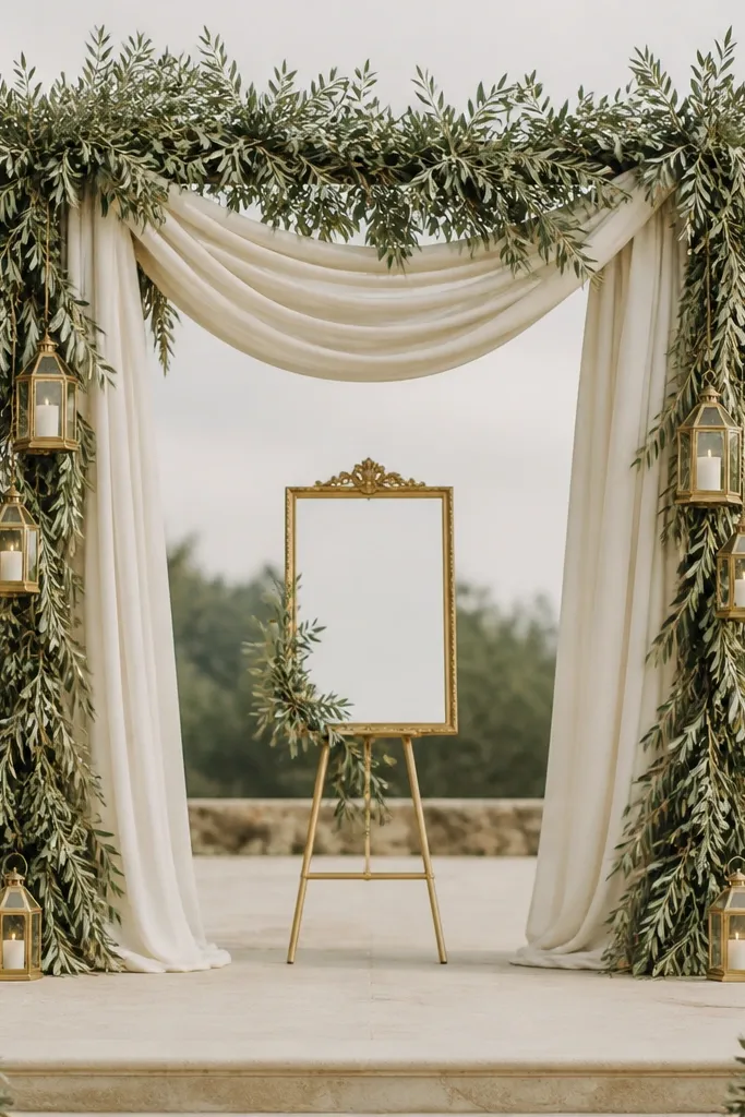 A ceremony arch made from olive branches and sage-toned greenery. Cream fabric drapes down in soft folds, and antique gold accents appear as small lanterns and a gold-framed sign at center.