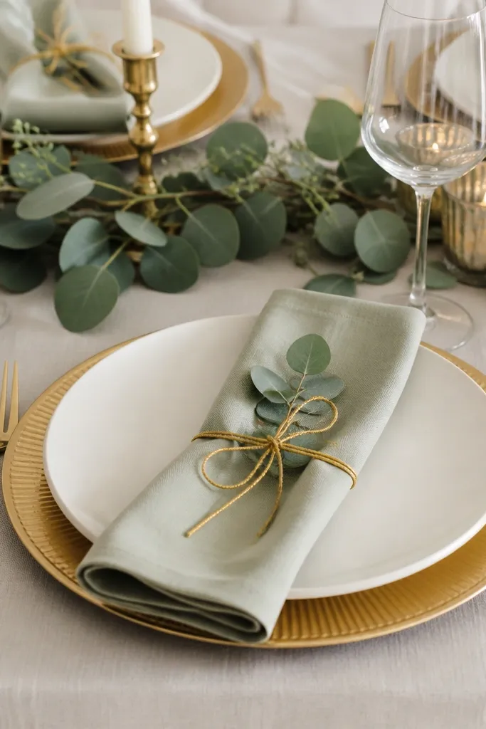 A table setting with ivory dinner plates, gold-rim chargers, and folded sage napkins tied with thin gold ribbon. Small eucalyptus sprigs sit under each napkin tie.