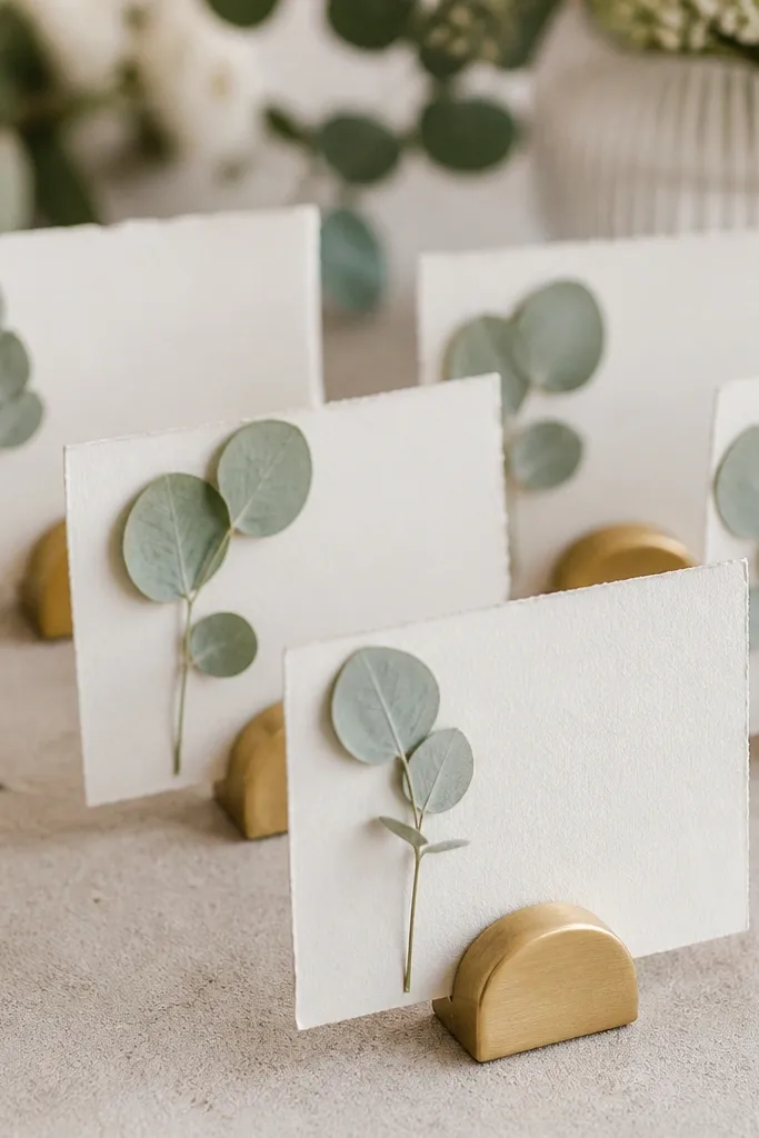 Escort cards displayed on a row of brushed gold stands. Each card has a small pressed eucalyptus leaf attached and the guest name printed in a muted sage ink.