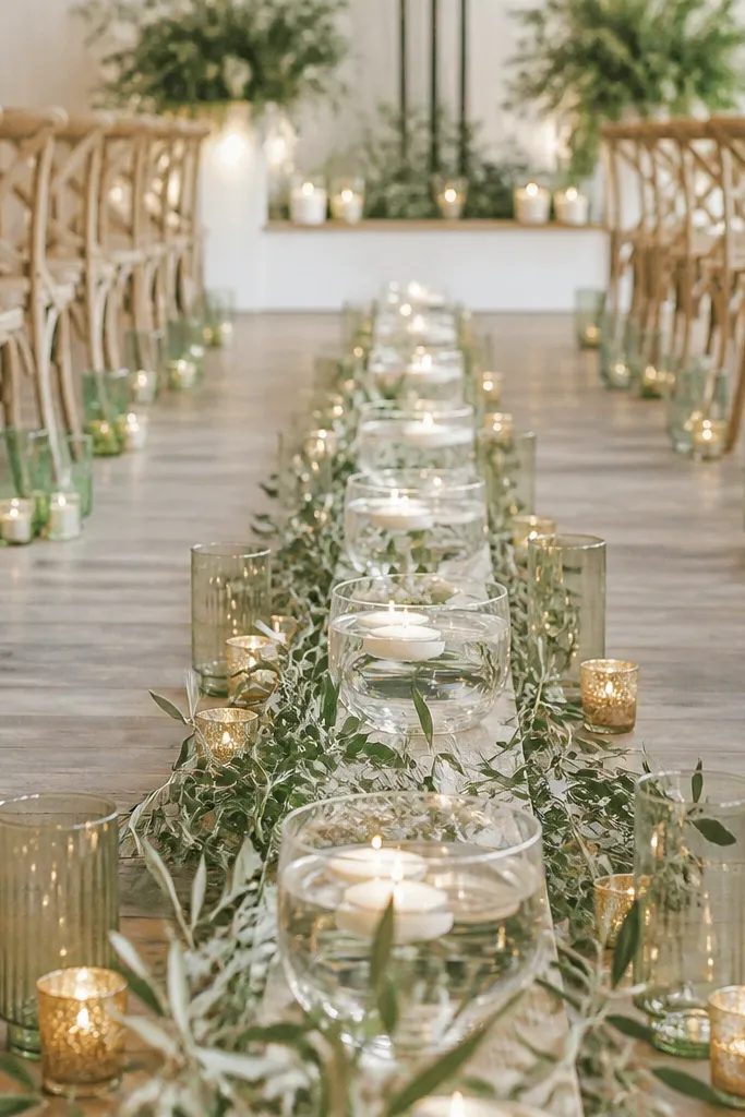 A wedding aisle lined with low sage-green glass candle holders and small gold accents. An airy garland of olive leaves runs down the center, with floating candles on a shallow runner.