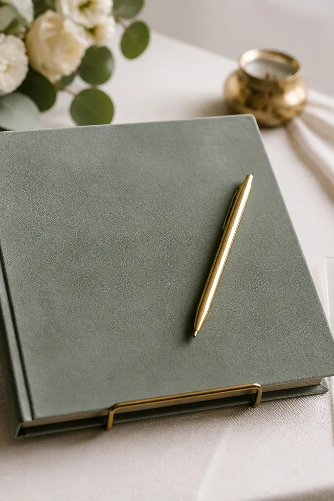 A sage velvet guest book on a small gold stand. A gold pen rests on top, and a pressed eucalyptus bookmark sits beside it.