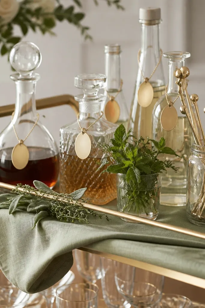 A bar cart dressed with sage-green fabric runner, glass bottles, and small herb sprigs. Gold drink tags hang from bottles, and there are champagne-gold stirrers in a jar.