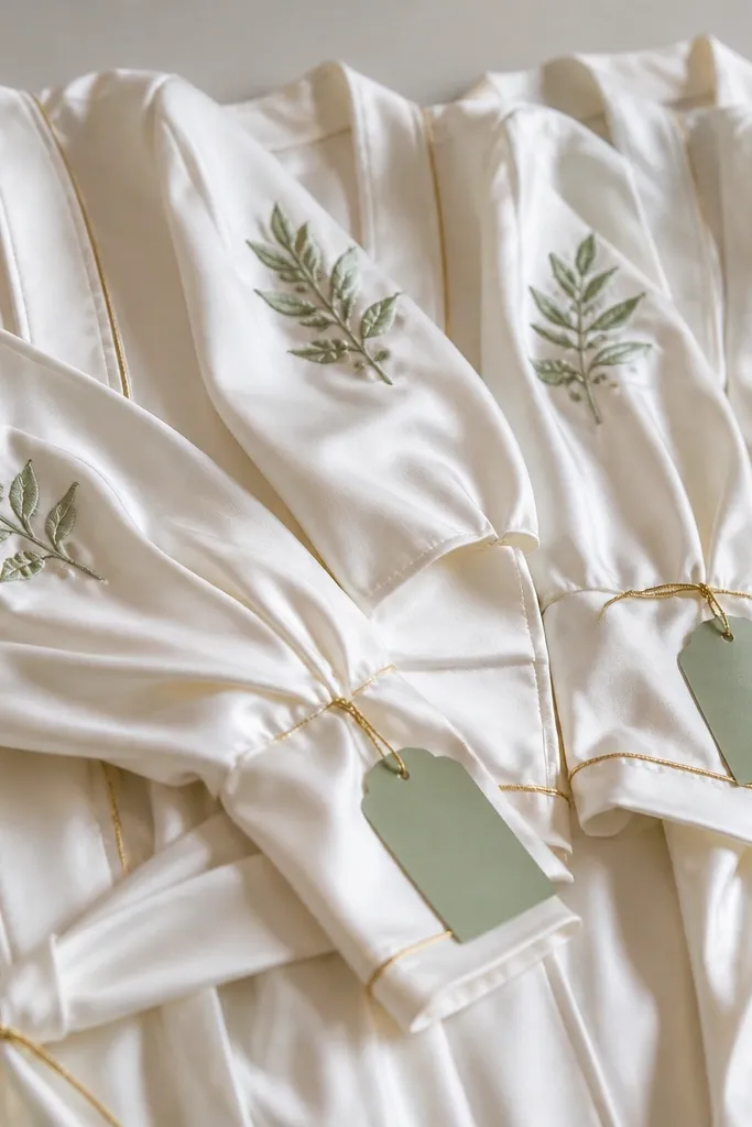Bridesmaids in ivory satin robes with sage embroidery on the chest and thin gold piping along the edges. A sage-green hanger tag and gold string sit on the robe sleeves.