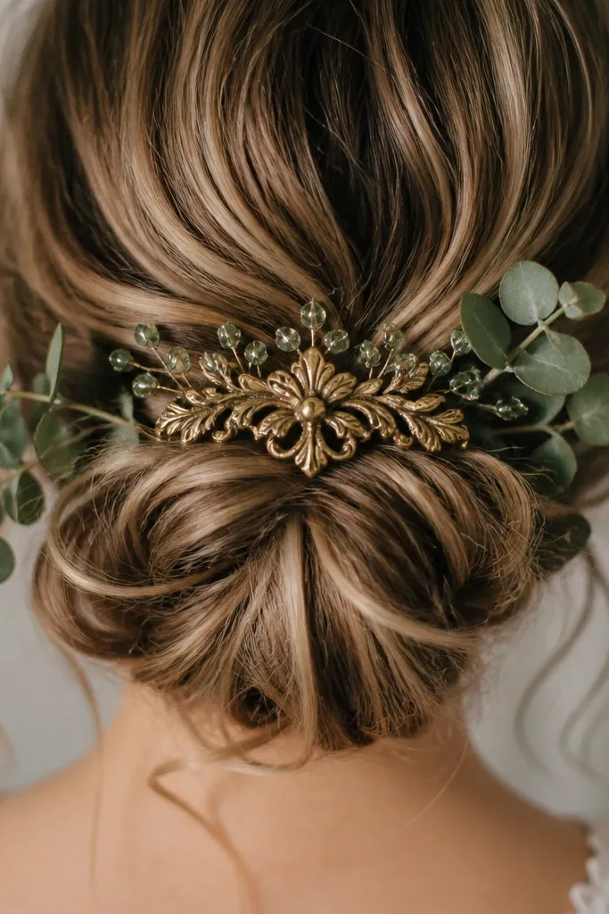A close-up of a bride's hair with an antique gold comb across a low bun. Small sage-green crystal pins and tiny eucalyptus sprigs tuck around the comb.
